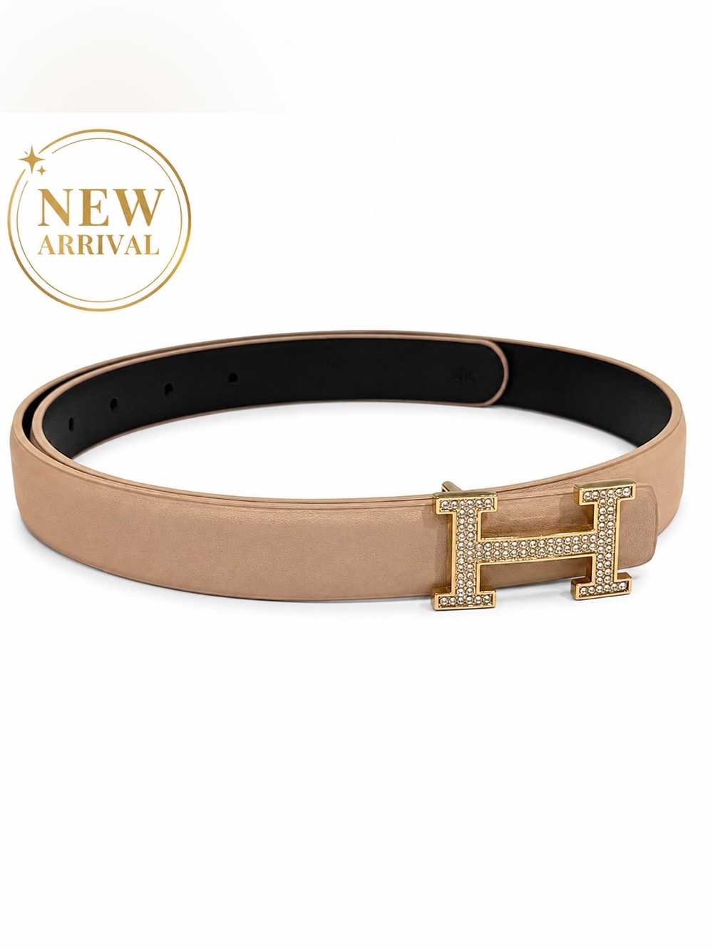 ✨ Women’s Beige/Taupe Leather Crystal logo Buckle Belt ✨